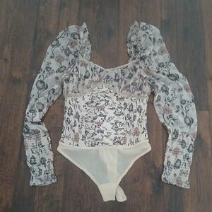 Free People Floral Print Bodysuit - Cream and Black